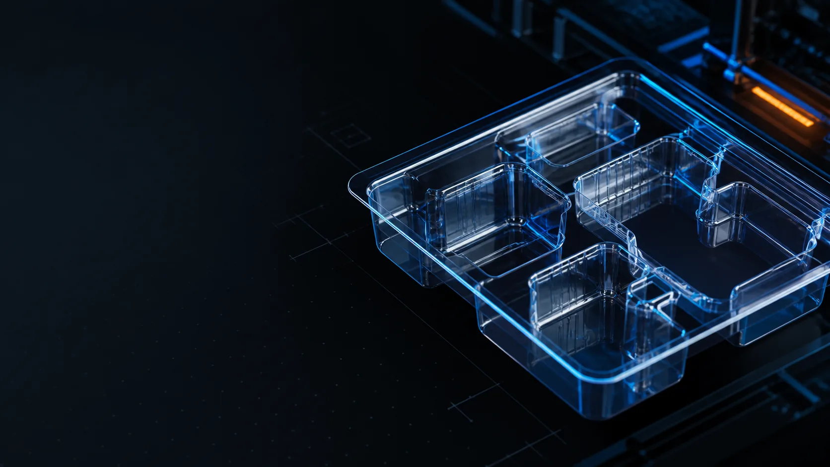 Precision transparent thermoformed PET tray illuminated in a technical manufacturing environment